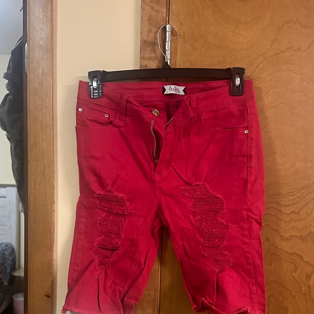 Red Distressed Jean Shorts